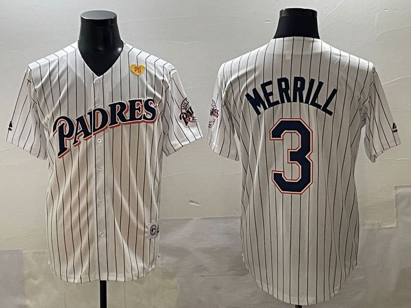 Men 2025 San Diego Padres #3 Merrill White Stripe Throwback Game Nike MLB Jersey style 7